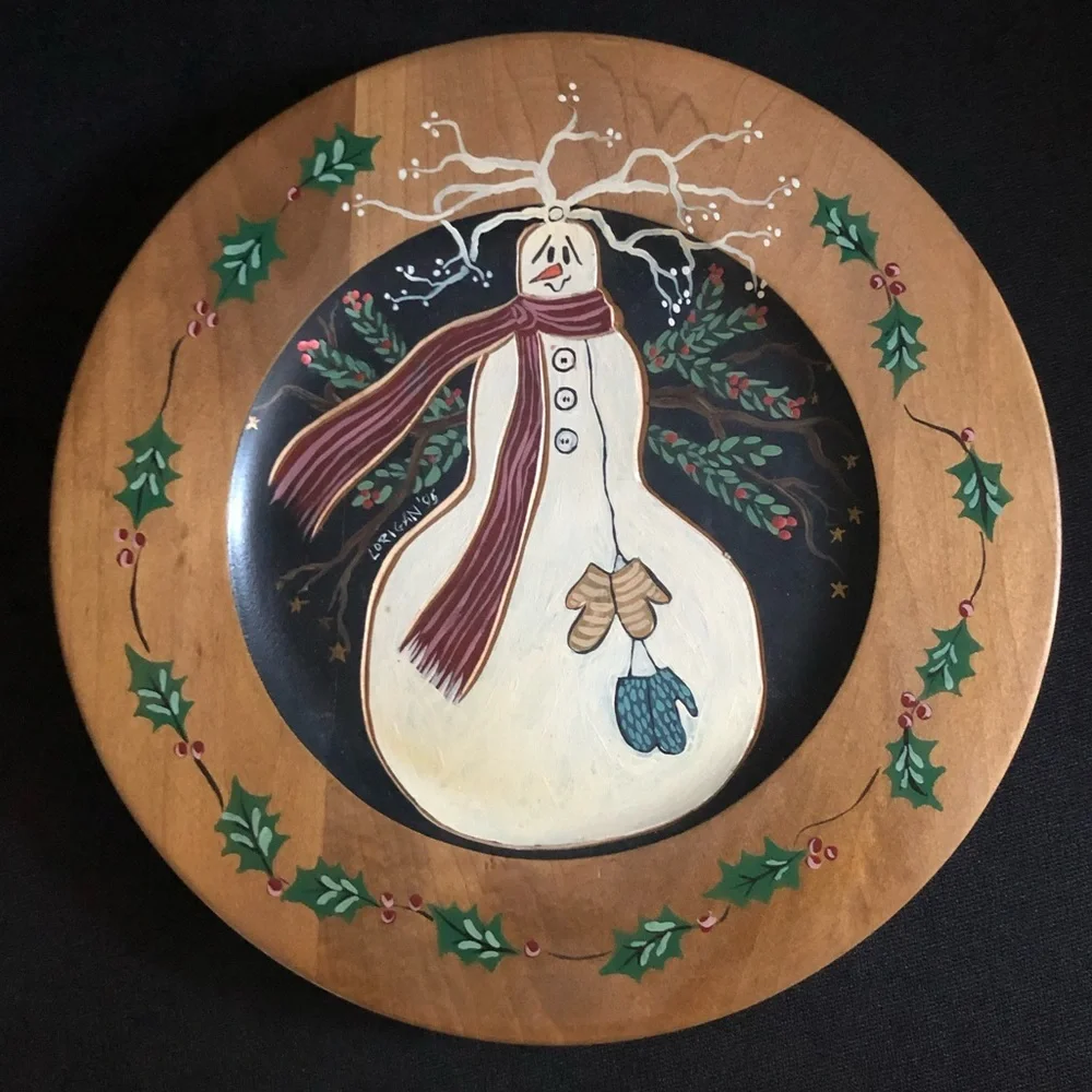 Hand-Painted Primitive Artist Signed Wood Plate Wall Plaque - Snowman Christmas